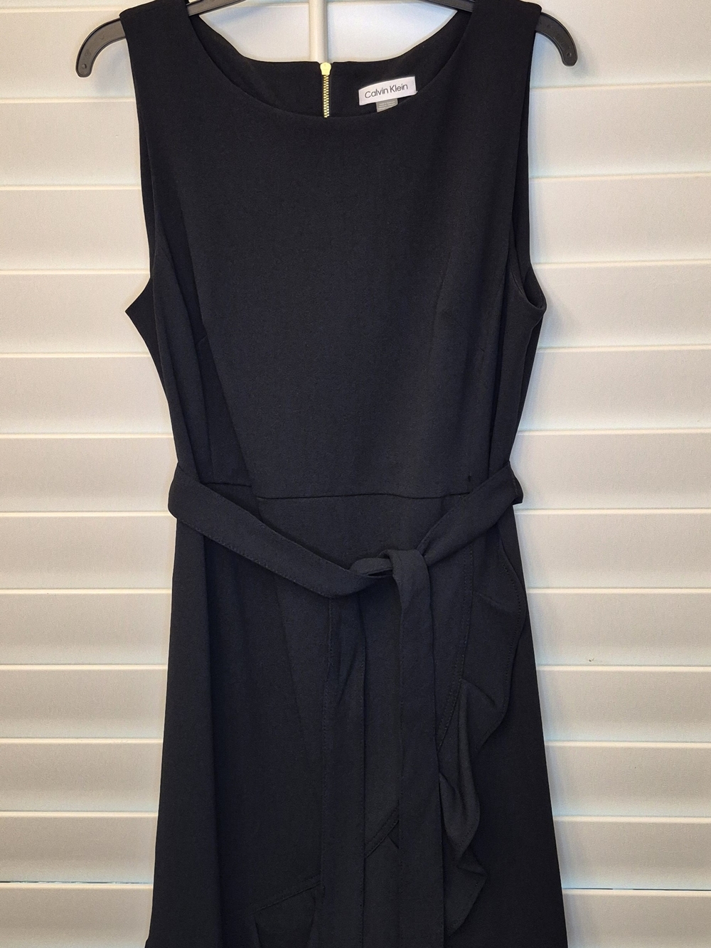 Calvin Klein Black Sleeveless Ruffle-Hem Dress with Waist Tie Gold Zipper Sz 14 - Picture 5 of 11